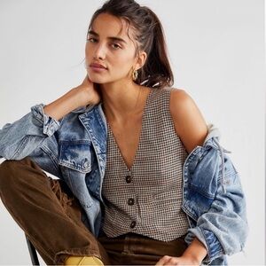 We The Free Light Blue Denim Jacket with Brown Houndstooth Vest